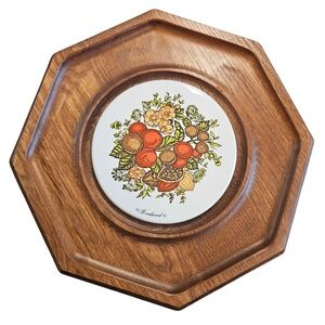 MCM Vintage Goodwood Octagon Wood Cheese Board Ceramic Fruit Nut Inlay Japan 70